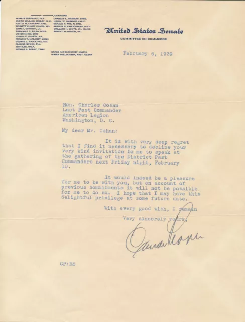 Claude Pepper - Letter Signed as Senator from Florida - 1939