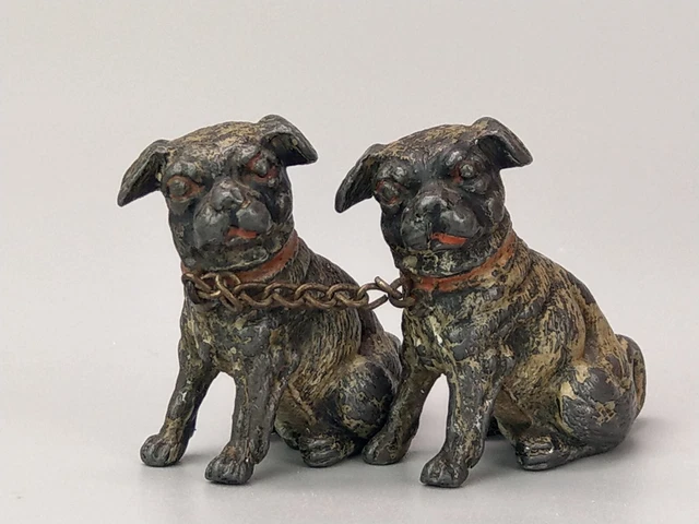 Antique Miniature Pug Dogs on chain Figurine Continental cold painted spelter