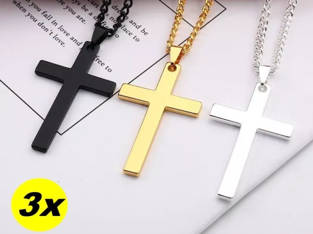 3x Collier Pendentif Croix Argent or Noir sur La Femmes Hommes