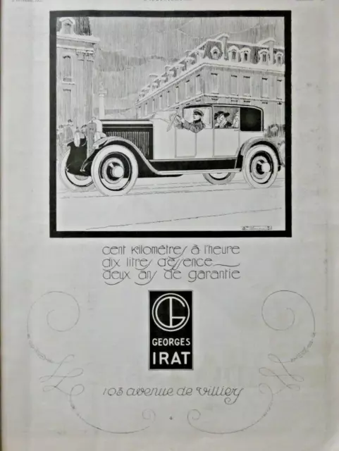 Publicité De Presse 1922 Automobiles George Irat Cent Km/Hrs 10 Litres D'essence