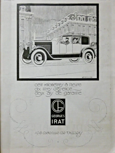 Publicité De Presse 1922 Automobiles George Irat Cent Km/Hrs 10 Litres D'essence