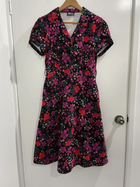 REVIVAL Floral Corduroy A-Line Fit & Flare Midi Dress Size 12 Pockets Stretch (B