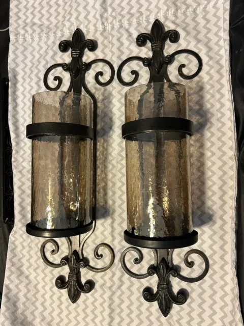 Pair Tall Wrought Iron And Smoked Glass Ornate Candle Sconces