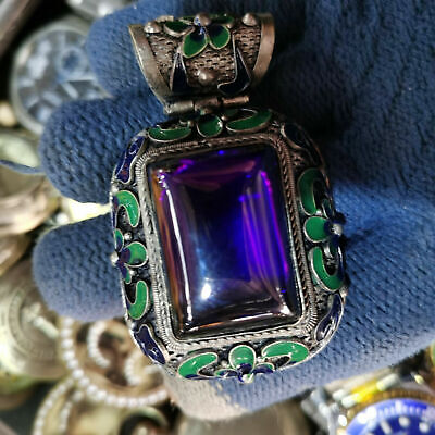 Chinese Old Craft Made Old Tibetan Silver Cloisonne Inlaid Zircon Pendant