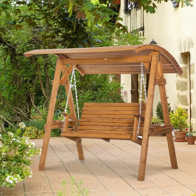 2 Seater Garden Swing Chair Canopy Wooden Swing Bench with Adjustable Shade
