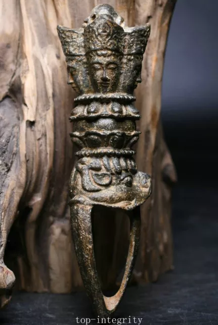 Old Tibet Bronze Buddhism 4 Face Buddha Lotus Beast Head Phurba Dagger Faqi