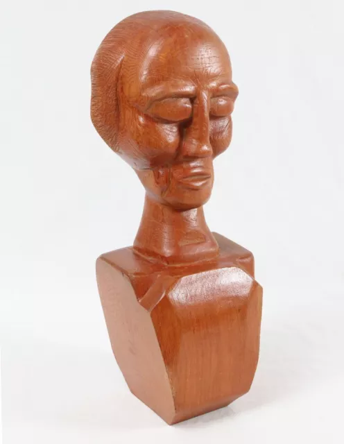 Vintage Signed Hand Carved 15” Wood Head Bust Sculpture Outsider Weird Folk Art