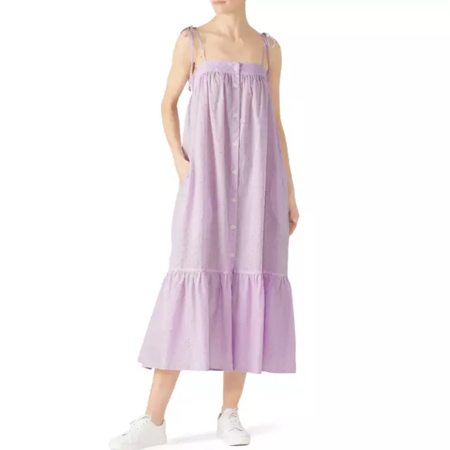 $525 MDS STRIPES Womens Lavender Eyelet Dress Square Neck Cotton Midi Size 0