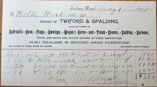 Helena, MT 1895 Letterhead: Awnings/Wagons/Saddles & Canvas - Montana Mont
