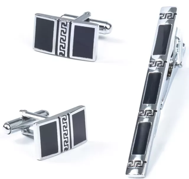 CUFF LINKS SET TIE CLIP PIN SILVER CUFFLINKS WEDDING FAVOUR GIFT BAG NEW UK sl14