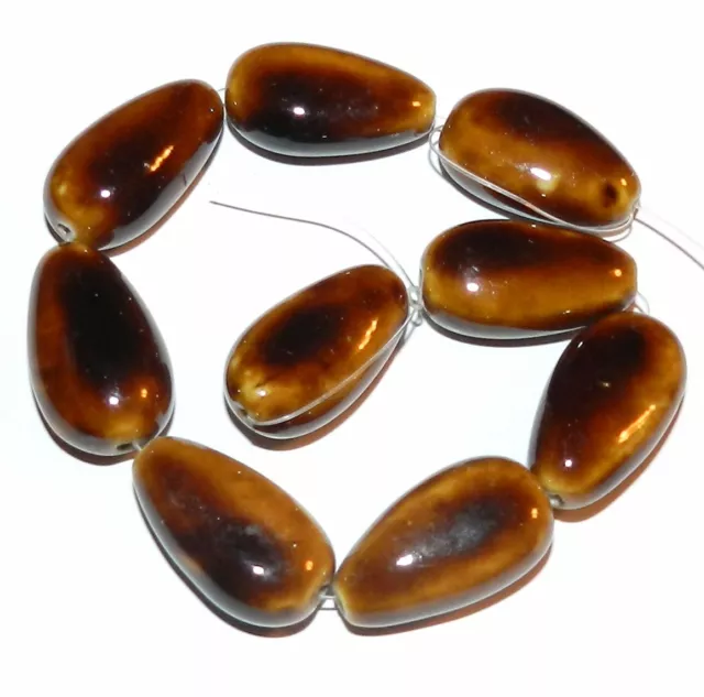 CPC188 Honey Brown 26mm Puffed Flat Teardrop Porcelain Beads 8"