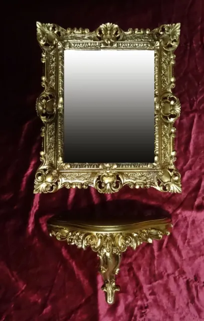 SET Antik Wandspiegel + Konsole Spiegelkonsole in Gold Wandkonsole 44x38 cm Retr