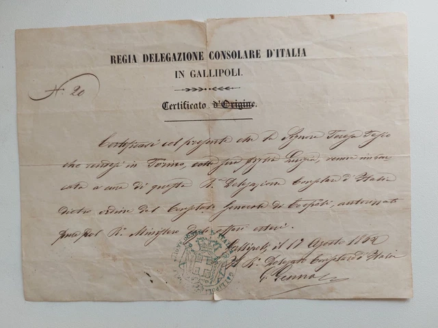 Gallipoli Risorgimento 1862 Regia Delegazione Consolare D'italia Certificato