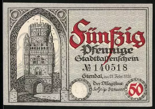 Notgeld Stendal 1920, 50 Pfennig, Turm mit Tordurchgang