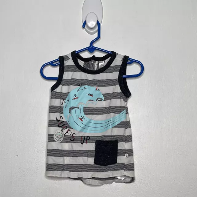 Petit Lem Nautical Tank Top Boys Size 18 Months Gray Striped Surfs Up Sleeveless