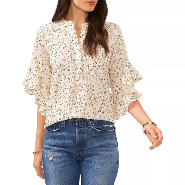 Vince Camuto Womens Ivory Floral Print Pintuck Flutter Sleeve Blouse M BHFO 3071