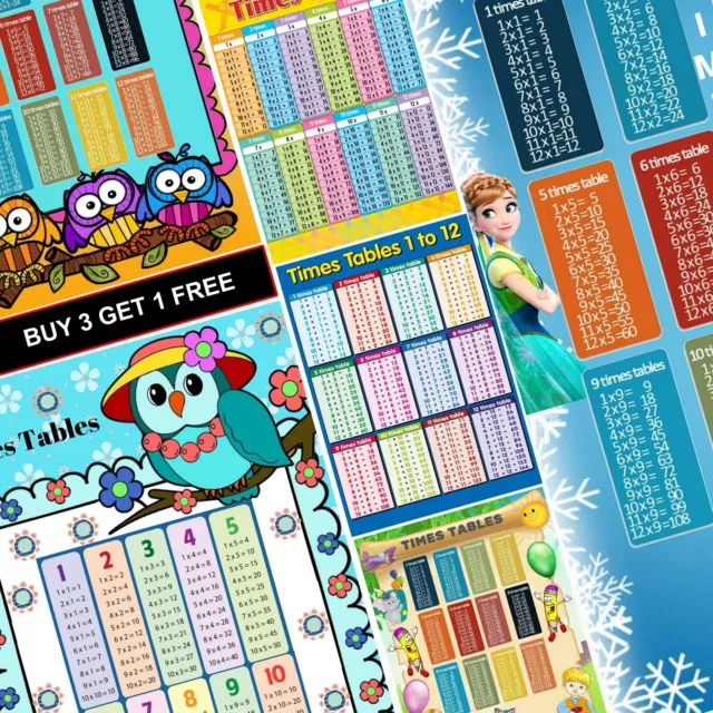TIMES TABLES A4 A3 Poster Wall Chart Education Kids Multiplication