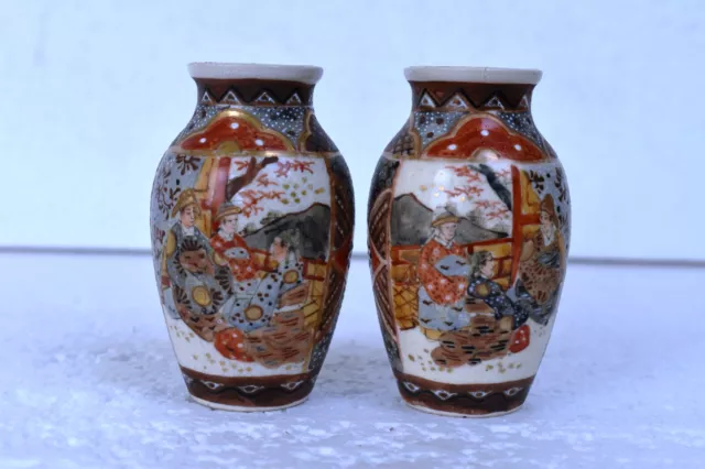 Antique Pair Small Meiji Japanese Period Satsuma Figurative Vases Gold Pattern