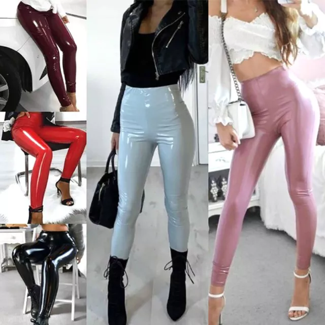 Women's Wet Look PU Leather High-Waist Leggings Stretch Pant PVC Trousers Wear