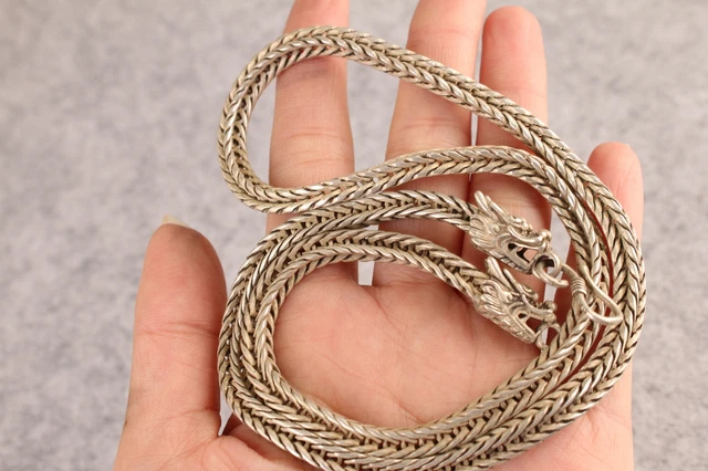 27cm Exquisite Chinese tibet silver handmade dragon connector necklace pendant