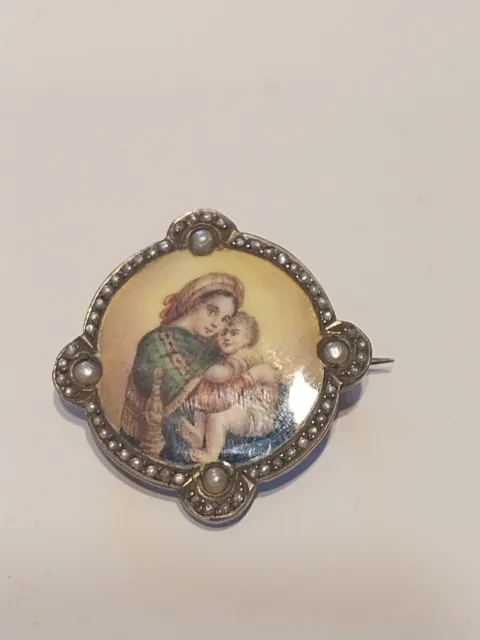 Brosche emaille Madonna Saatperle Art Deco Biedermeier Miniatur Lupenmalerei