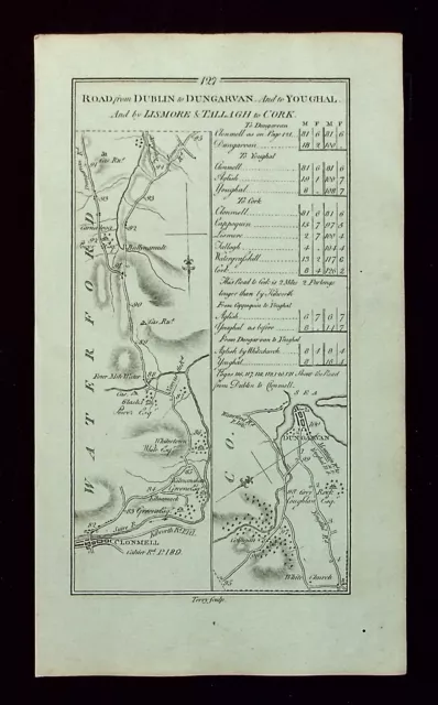 IRELAND, CLONMEL, DUNGARVAN, YOUGHAL, antique road map, Taylor & Skinner, 1783