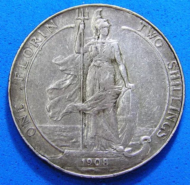 1908 UK Great Britain Two Shillings Florin .925 Silver Coin, Edward VII