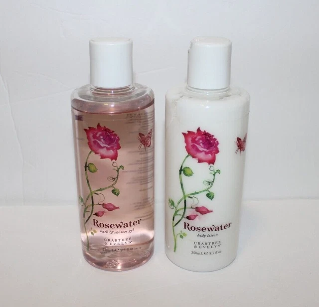 Nuevo conjunto de agua de rosas Crabtree & Evelyn 8,5 fl oz gel de ducha de baño y loción corporal