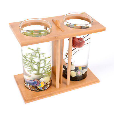 Mini Desktop Clear Dual Glass Fish Tank Aquarium w/Wooden Frame Stand Home Decor