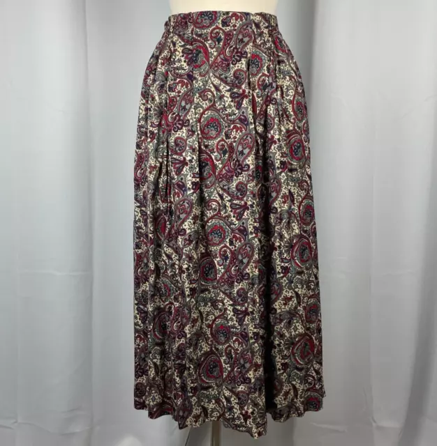 Vintage Midi Skirt Womens Size 10 Cream Red Paisley Pleated Long 80s 90s