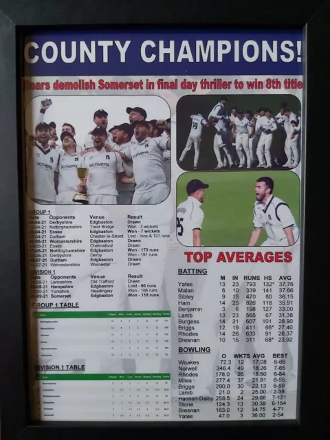 Warwickshire CCC 2021 County Champions - framed print