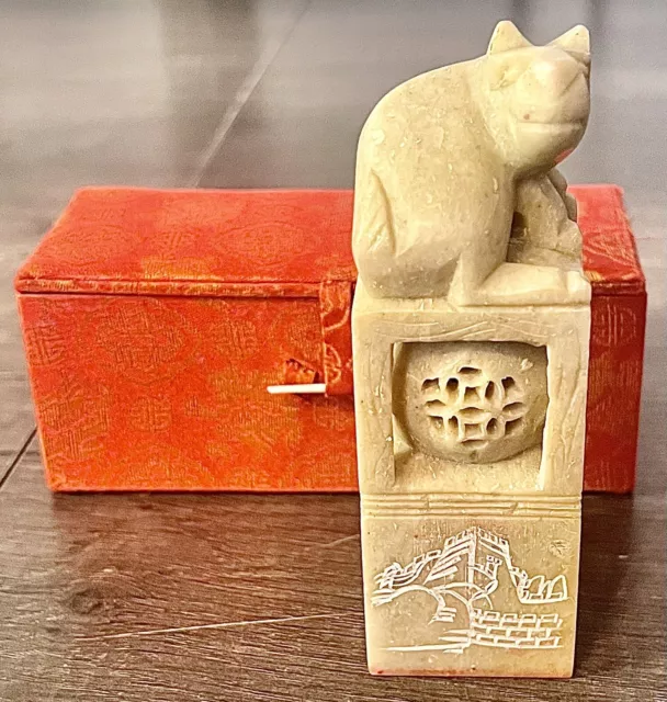Vintage Chinese Hand Carved Soapstone Stamp with panther on Top and Poem