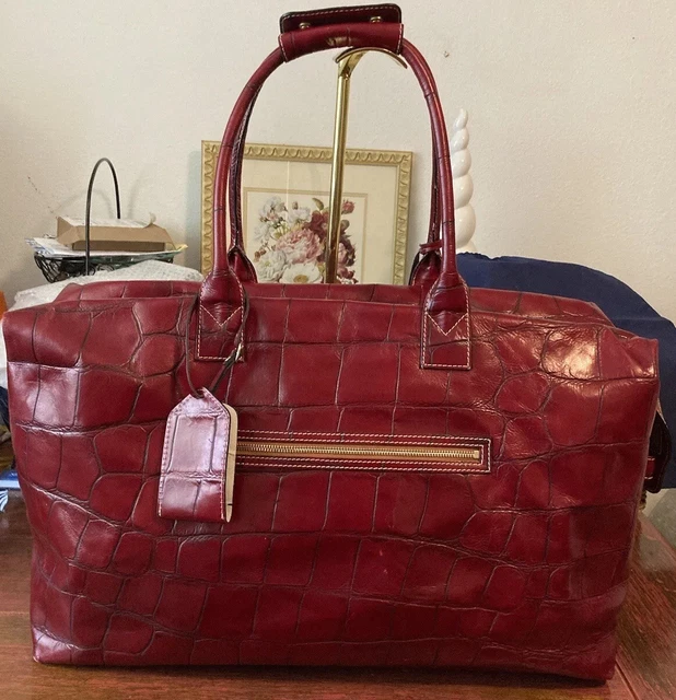 Dooney Bourke Burgundy Nile Croco Embossed Leather Duffle Travel Weekender XL