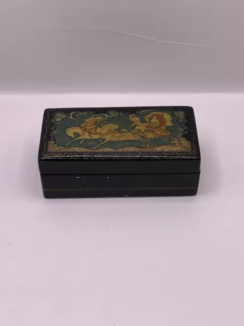 Vintage Russian Hand-Painted Footed Trinket Box Black Lacquer