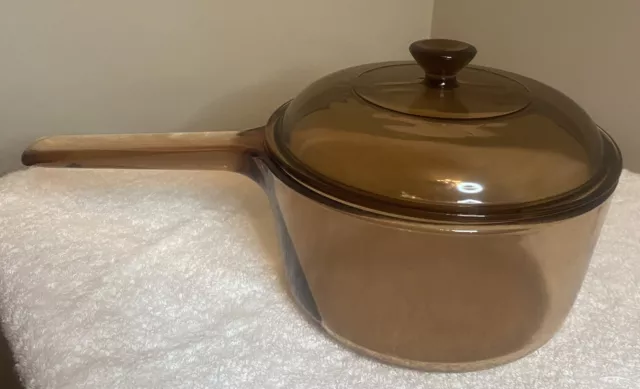 Vintage Corning Vision Ware Pyrex 1.5 L Amber Glass Pot Sauce Pan with Lid USA