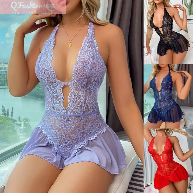 Womens Sexy Lingerie Sleepwear Nightwear Underwear Teddy Babydoll Lace  Dress Set 