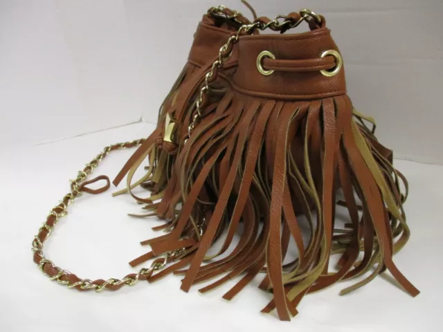 Olivia + Joy Small Brown Gold Fringe Drawstring Crossbody Satchel Bag Purse NWOT 2