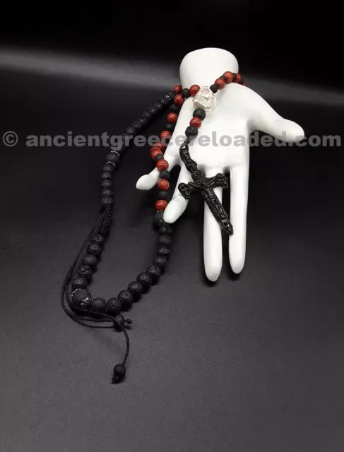 The Skull Cross Dark Red Lava Rosary, Lava Stones, Carnelian beads, Skull Face