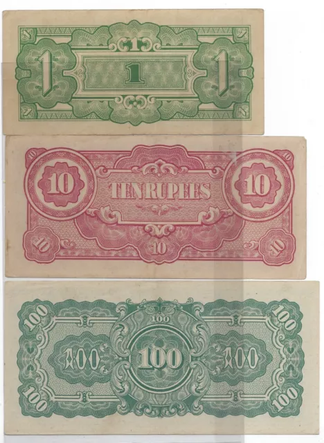 Japanese Occupation BURMA  WWII 1,10 &100 Rupees Invasion Money  VF-AU .JB1