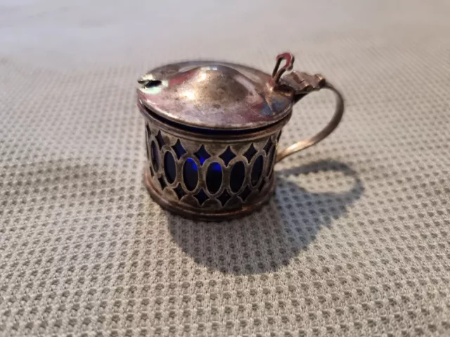 Silver Plate Mustard Pot with Cobalt Blue Liner ESPN