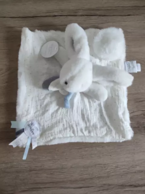 DOUDOU ET COMPAGNIE lapin plat Happy Glossy lange blanc bleu doré état NEUF