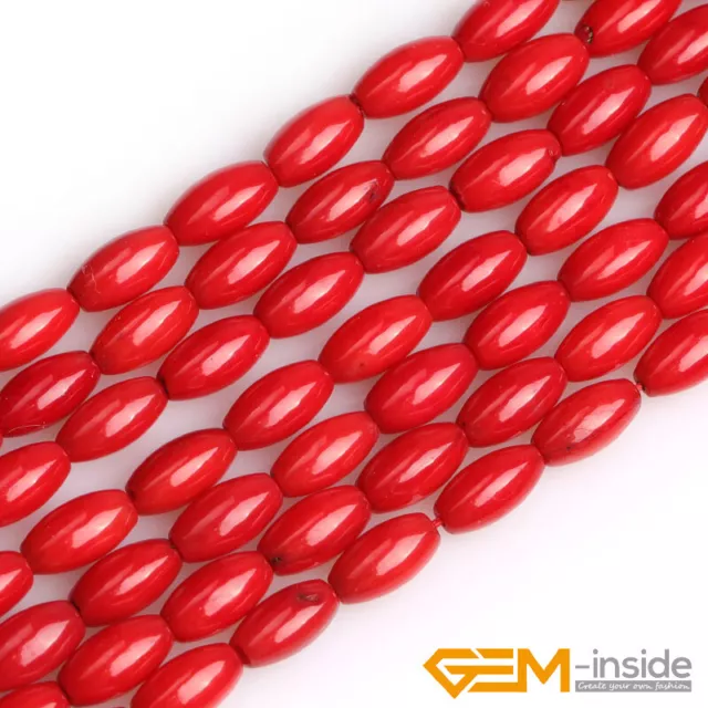 Red Coral Gemstone Olivary Rice Loose Spacer Beads For Jewelry Making Strand 15"