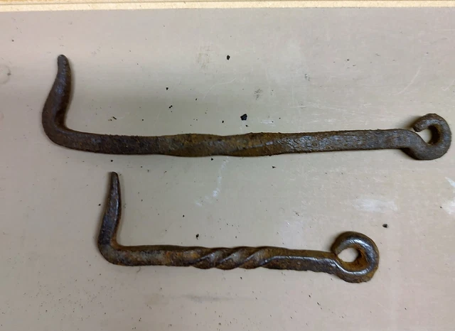 2 Antique Hand Forged Twisted Barn, Shed Door Latch Hooks