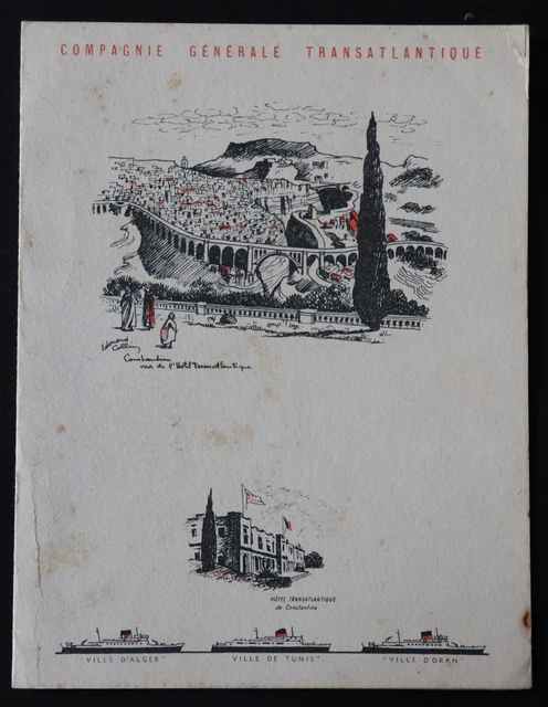 Menu 21 Août 1953 Paquebot VILLE D'ALGER CGT French Line Transatlantique