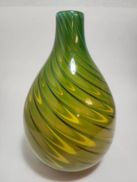 VTG Murano Style Studio  Art Glass Vase,  Hand Blown, Green Yellow Strip  9.5"