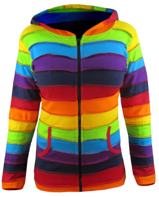 Ladies Hippie Striped Rainbow Winter Pixie Pointed Long Hood  Elf Hoodie Jacket