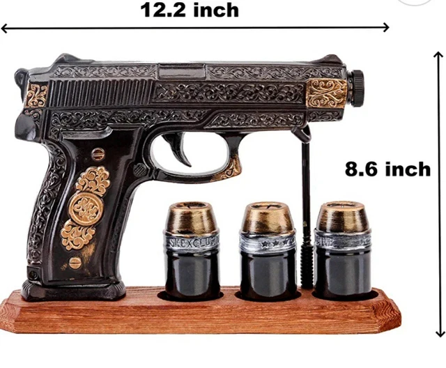 WHISKEY DECANTER SET Pistol Gun Tequila Bottle 500 Ml With Glasses $52.