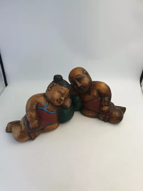 Figurines en bois vintage chinoises LG sculptées à la main fille et garçon endormis paire lourde 3