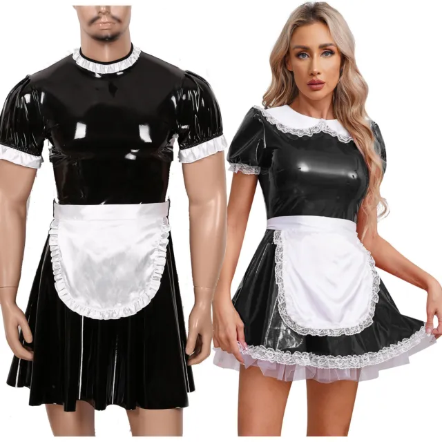 Herren Frauen Wetlook Leder Französisch Maid Fancy Kostüm Cosplay Uniform Outfit