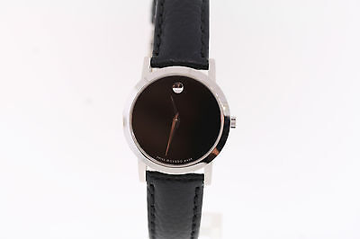 Ladies Movado 0606087 MUSEUM CLASSIC Black Dial Black Leather Strap Watch